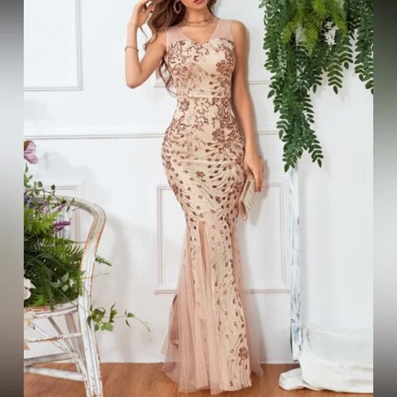 Luxe champagne contrast mesh slit thigh party formal evening bridesmaids dress